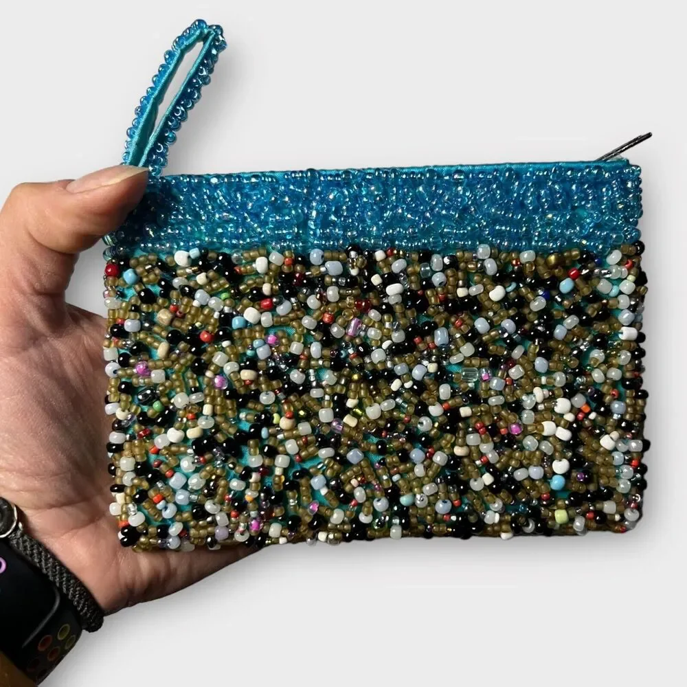 Beaded Blue, Gray, Pearl Zip Top Lined Clutch Purse, Change Purse